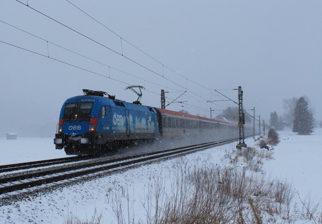1016 023  �BB Gr�ne Schiene  kam am 9. Februar 2013 im dichten Schneetreiben aus Salzburg. Aufgenommen bei �bersee am Chiemsee.