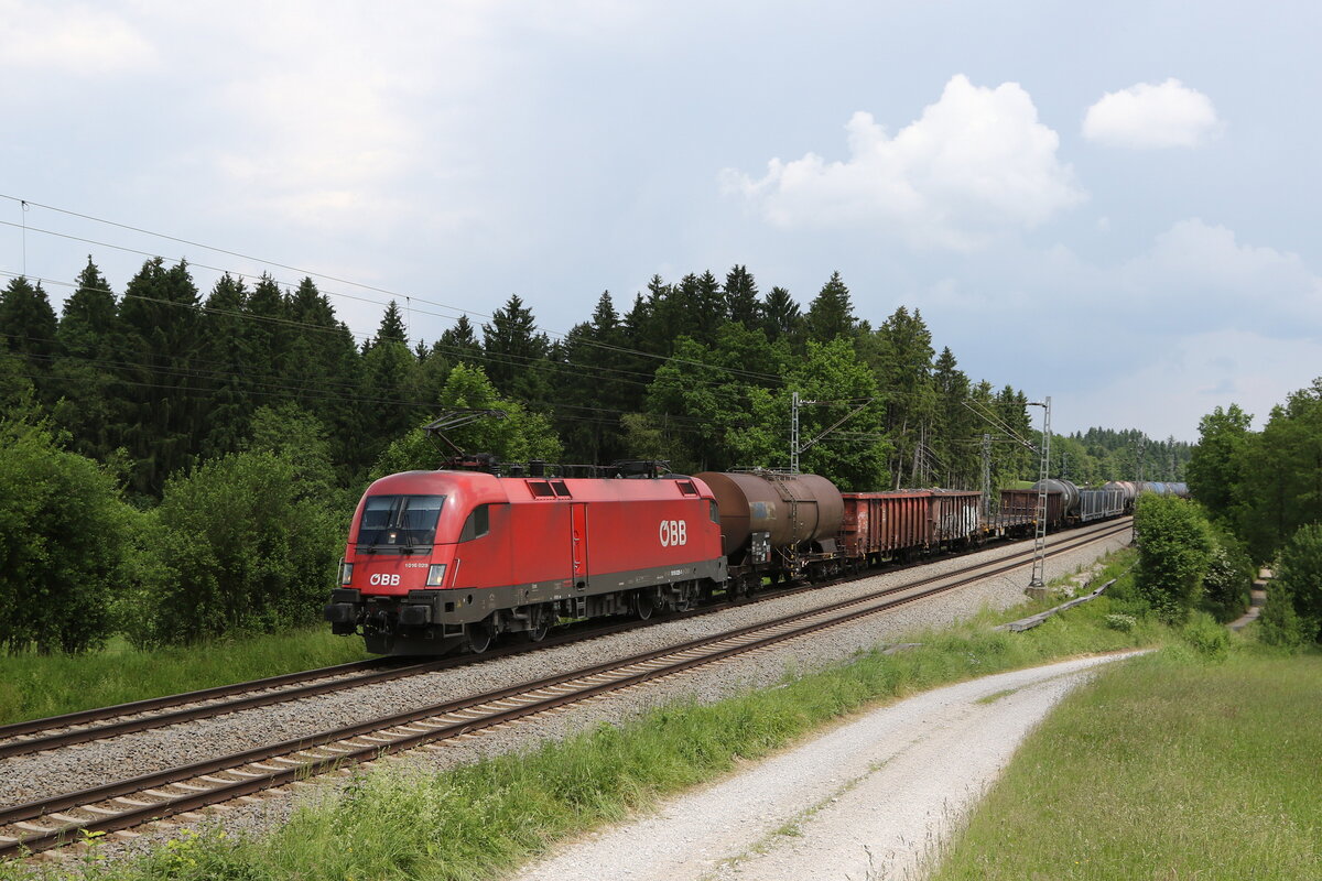 1016 029 mit einem gemischten G�terzug am 10. Juni 2021 bei Grabenst�tt im Chiemgau.