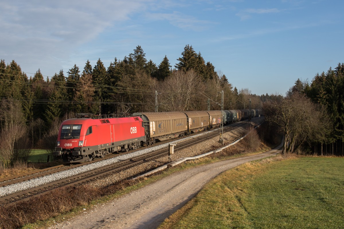 1016 037-4 mit einem G�terzug am 19. Dezember 2015 bei Sossau.