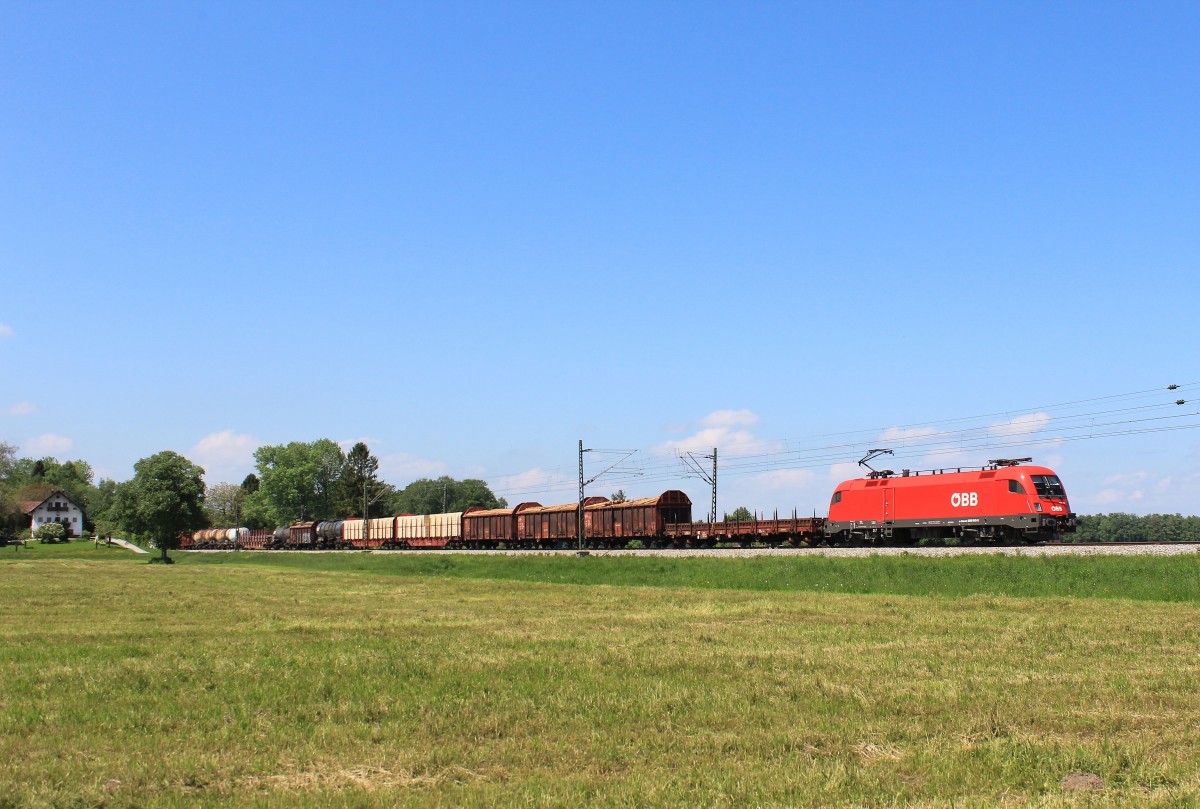 1016 043-0 ist mit einem gemischten G�terzug am 18. Mai 2013 bei �bersee in Richtung Salzburg unterwegs.