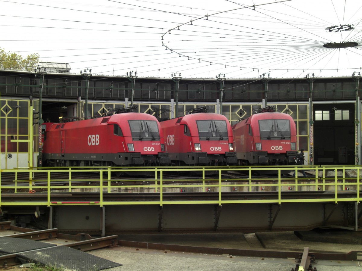 1016 046-5 mit 1116 027-2 und 1116 073-6 am 21. M�rz 2007 vor dem Lokschuppen in Salzburg.