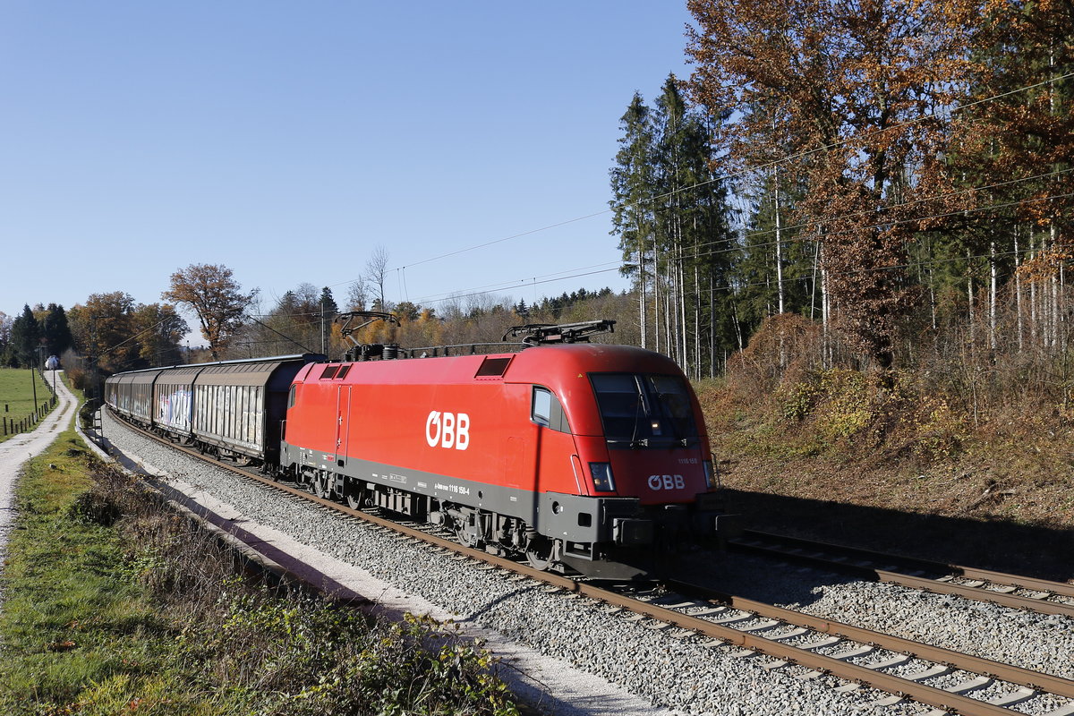 1116 150 war am 10. November 2018 bei Grabenst�tt mit einem G�terzug in Richtung Salzburg unterwegs.