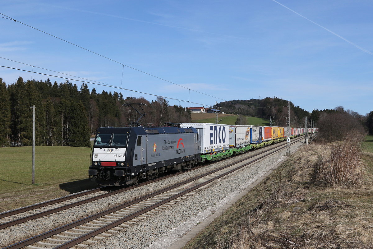 185 408 mit einem  KLV  aus Salzburg kommend am 13. M�rz 2021 bei Grabenst�tt im Chiemgau.