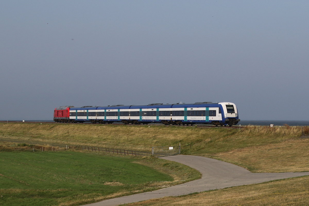 Regionalzug von Westerland kommend mit schiebender 245 xxx am 28. August 2019 bei Klanxb�ll.