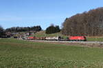 1016 042 mit einem gemischten G�terzug aus M�nchen kommend am 28. Februar 2026 bei Axdorf im Chiemgau.